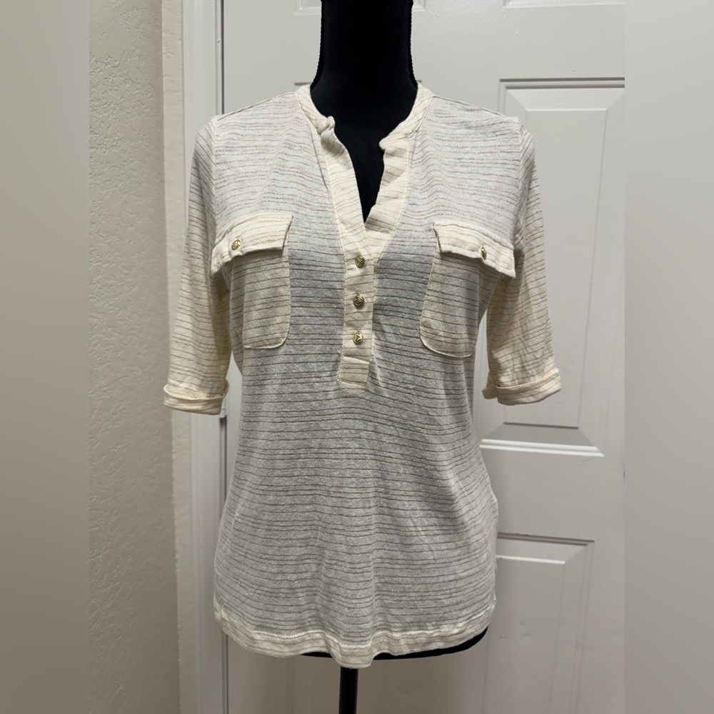 Cream Striped Half-Button Women’s Blouse with Chest Pockets